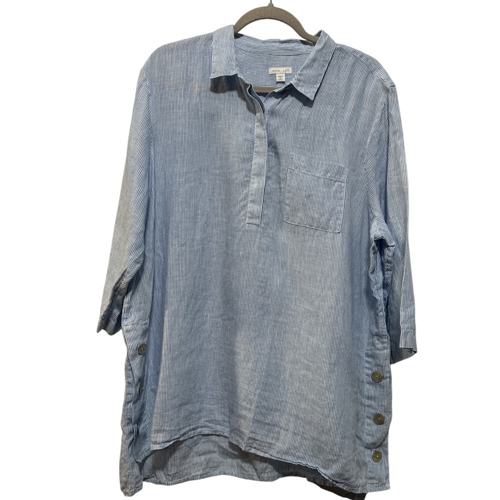 J. Jill Striped Blue White Love Linen Tunic Top 3/4 Sleeve Petite Women’s Sz XL